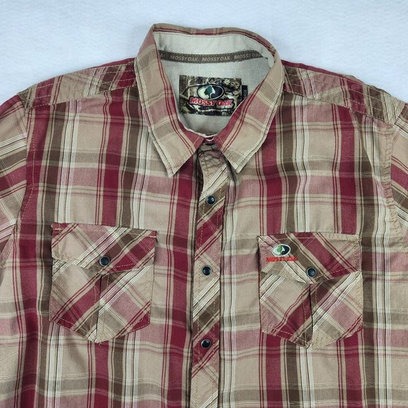 Mossy Oak Mens Western Shirt Pearl Snap Red Tan Plaid XXL Cotton Poly Button Up - Picture 2 of 6
